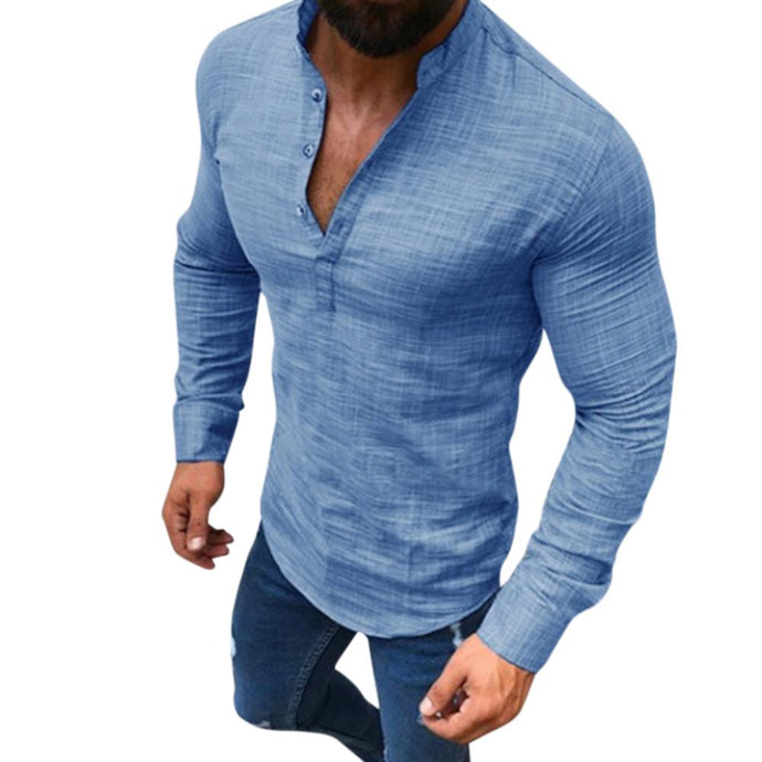 MISSKY New Men Polo Shirt Casual Long Sleeve V Neck Solid Color Slim Fit Linen Summer Polo Shirt Male Clothes